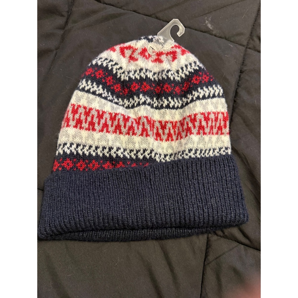Goodfellow & Co Mens Fair Isle Knit Beanie Navy Blue Red White One Size Hat
